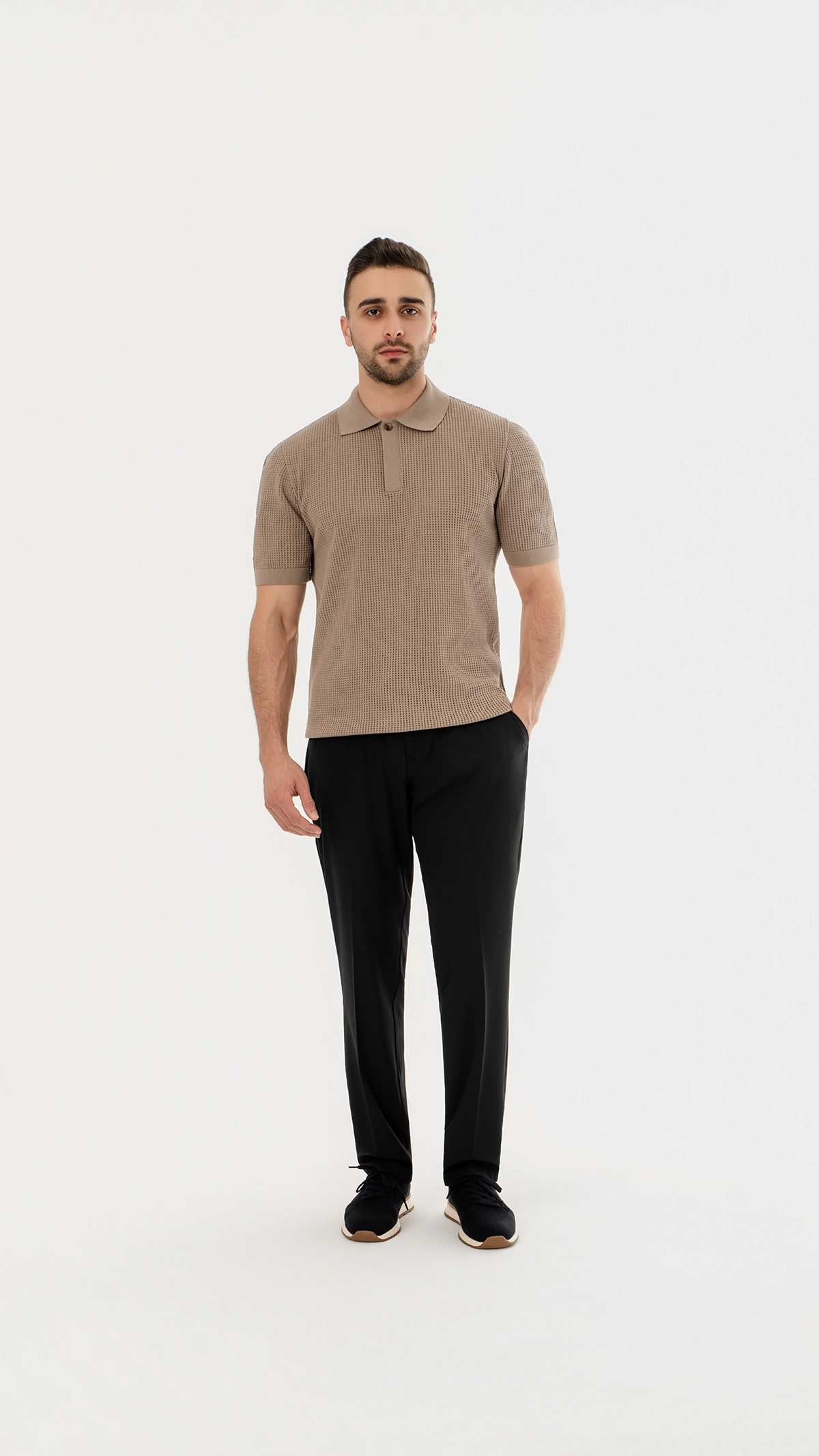 Waffle Knit Concealed Button Polo